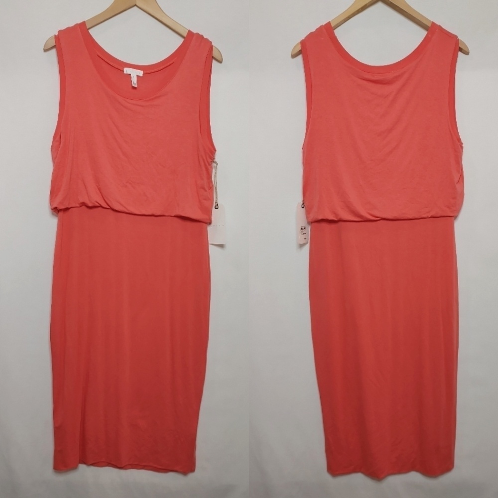 Leith Sharon Dress Sleeveless Blouson Knit Coral Salmon‎ Stretch Midi Large New